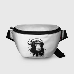 Поясная сумка 3D с принтом Обезьяна Меломан в Новосибирске, 100% полиэстер | плотная ткань, ремень с регулируемой длиной, внутри несколько карманов для мелочей, основное отделение и карман с обратной стороны сумки застегиваются на молнию | black | blot | butterflies | chimpanzee | gorilla | headphones | ink | lover | monkey | music | sheet | white | бабочки | белое | горилла | клякса | меломан | музыка | наушники | ноты | обезьяна | спокойствие | умиротворение | чернила | черное