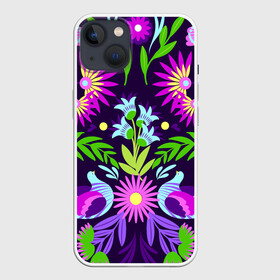 Чехол для iPhone 13 с принтом Мексиканская феерия в Новосибирске,  |  | ветки | листья | мексика | птицы | роспись | узоры | цветы | этнические