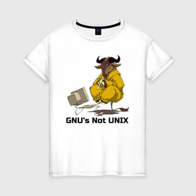 Женская футболка хлопок с принтом GNU’s Not UNIX в Новосибирске, 100% хлопок | прямой крой, круглый вырез горловины, длина до линии бедер, слегка спущенное плечо | gnu | linux | not unix | programming | гну | линукс | программист | сисадмин | системный администратор