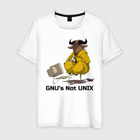 Мужская футболка хлопок с принтом GNU’s Not UNIX в Новосибирске, 100% хлопок | прямой крой, круглый вырез горловины, длина до линии бедер, слегка спущенное плечо. | Тематика изображения на принте: gnu | linux | not unix | programming | гну | линукс | программист | сисадмин | системный администратор