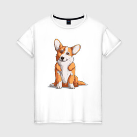 Женская футболка хлопок с принтом Милый корги в Новосибирске, 100% хлопок | прямой крой, круглый вырез горловины, длина до линии бедер, слегка спущенное плечо | corgi | корги | малыш | милашка | милый | очаровашка | пес | песик | собака | собачка