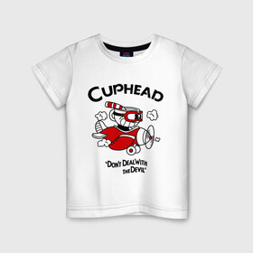 Детская футболка хлопок с принтом Cuphead на самолёте в Новосибирске, 100% хлопок | круглый вырез горловины, полуприлегающий силуэт, длина до линии бедер | cuphead | cuphead and mugman | dont deal with the devil | игры | капхед | самолёт | чашеголовый