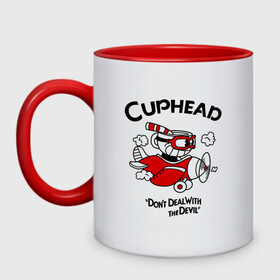 Кружка двухцветная с принтом Cuphead на самолёте в Новосибирске, керамика | объем — 330 мл, диаметр — 80 мм. Цветная ручка и кайма сверху, в некоторых цветах — вся внутренняя часть | cuphead | cuphead and mugman | dont deal with the devil | игры | капхед | самолёт | чашеголовый