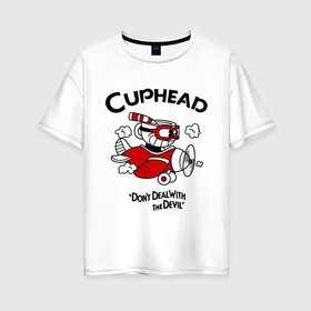 Женская футболка хлопок Oversize с принтом Cuphead на самолёте в Новосибирске, 100% хлопок | свободный крой, круглый ворот, спущенный рукав, длина до линии бедер
 | Тематика изображения на принте: cuphead | cuphead and mugman | dont deal with the devil | игры | капхед | самолёт | чашеголовый