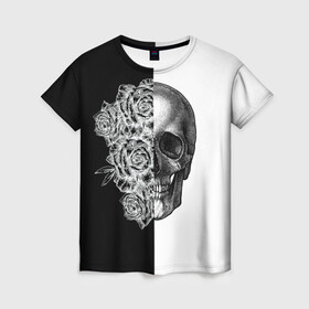 Женская футболка 3D с принтом SkullRose Sketch в Новосибирске, 100% полиэфир ( синтетическое хлопкоподобное полотно) | прямой крой, круглый вырез горловины, длина до линии бедер | набросок | рисунок карандашом | роза | чб | череп | черепушка | черно белое