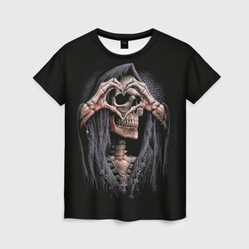Женская футболка 3D с принтом Skull Love в Новосибирске, 100% полиэфир ( синтетическое хлопкоподобное полотно) | прямой крой, круглый вырез горловины, длина до линии бедер | любовь | мрак | сердечко | сердце | скелет | тьма | череп