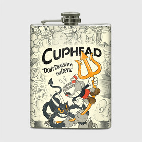 Фляга с принтом Cuphead and Devil в Новосибирске, металлический корпус | емкость 0,22 л, размер 125 х 94 мм. Виниловая наклейка запечатывается полностью | cuphead | devil | dont deal with the devil | все персонажи | дьявол | игры | капхед | чашеголовый | черт