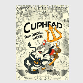 Скетчбук с принтом Cuphead and Devil в Новосибирске, 100% бумага
 | 48 листов, плотность листов — 100 г/м2, плотность картонной обложки — 250 г/м2. Листы скреплены сверху удобной пружинной спиралью | cuphead | devil | dont deal with the devil | все персонажи | дьявол | игры | капхед | чашеголовый | черт