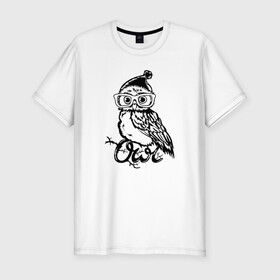 Мужская футболка хлопок Slim с принтом Совушка на ветке в Новосибирске, 92% хлопок, 8% лайкра | приталенный силуэт, круглый вырез ворота, длина до линии бедра, короткий рукав | Тематика изображения на принте: owl | owls | сова | совушка | совы | филин | фраза | юмор