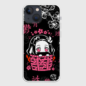 Чехол для iPhone 13 mini с принтом NEZUKO   НЕЗУКО   САКУРА в Новосибирске,  |  | anime | flowers | nezuko | sakura. | аниме | иероглифы | клинок рассекающий демонов | манга | мультик | мультфильм | незуко | незуко камадо | поезд бесконечный | розовый | сакура | сериал | цветы | черный