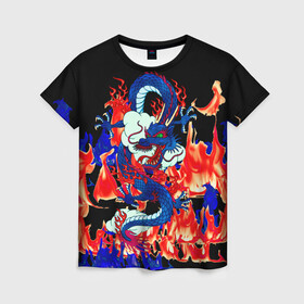 Женская футболка 3D с принтом Огненный Дракон в Новосибирске, 100% полиэфир ( синтетическое хлопкоподобное полотно) | прямой крой, круглый вырез горловины, длина до линии бедер | akatsuki | beast | dragon | fire | акацуки | дракон | животные | зверь | змей | когти | облако | огонь | узор | чб | японский