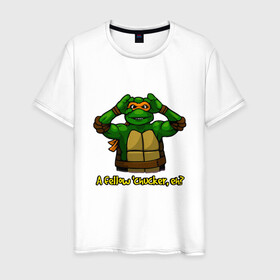 Мужская футболка хлопок с принтом Микеланджело в Новосибирске, 100% хлопок | прямой крой, круглый вырез горловины, длина до линии бедер, слегка спущенное плечо. | donatello | leonardo | michelangelo | ninja | pizza | raphael | turtles | донателло | животные | карате | комикс | комиксы | леонардо | микеланджело | мультфильм | мутант | мутанты | ниндзя | пицца | рафаэль | сплинтер | супергерой