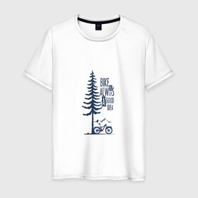 Мужская футболка хлопок с принтом Gooood Idea в Новосибирске, 100% хлопок | прямой крой, круглый вырез горловины, длина до линии бедер, слегка спущенное плечо. | Тематика изображения на принте: mtb | байк | велосипед | горы | дерево | лес | мтб | спорт