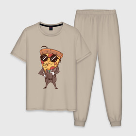 Мужская пижама хлопок с принтом Пепперони пицца в костюме в Новосибирске, 100% хлопок | брюки и футболка прямого кроя, без карманов, на брюках мягкая резинка на поясе и по низу штанин
 | art | boss | cheese pizza | cool | funny | mushroom | pepperoni | pizza | pizza lover | retro | агент | арт | в очках | грибы | иллюстрация | люблю пиццу | пицца без ананасов | пицца с ананасами | прикол | ретро | рисунок пиццы | спецагент