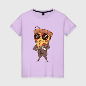 Женская футболка хлопок с принтом Пепперони пицца в костюме в Новосибирске, 100% хлопок | прямой крой, круглый вырез горловины, длина до линии бедер, слегка спущенное плечо | art | boss | cheese pizza | cool | funny | mushroom | pepperoni | pizza | pizza lover | retro | агент | арт | в очках | грибы | иллюстрация | люблю пиццу | пицца без ананасов | пицца с ананасами | прикол | ретро | рисунок пиццы | спецагент