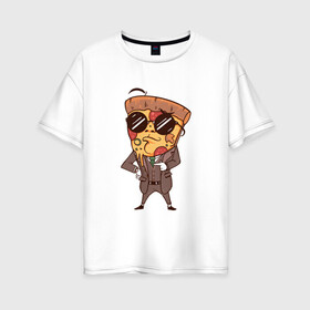 Женская футболка хлопок Oversize с принтом Пепперони пицца в костюме в Новосибирске, 100% хлопок | свободный крой, круглый ворот, спущенный рукав, длина до линии бедер
 | Тематика изображения на принте: art | boss | cheese pizza | cool | funny | mushroom | pepperoni | pizza | pizza lover | retro | агент | арт | в очках | грибы | иллюстрация | люблю пиццу | пицца без ананасов | пицца с ананасами | прикол | ретро | рисунок пиццы | спецагент