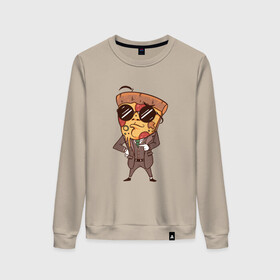 Женский свитшот хлопок с принтом Пепперони пицца в костюме в Новосибирске, 100% хлопок | прямой крой, круглый вырез, на манжетах и по низу широкая трикотажная резинка  | art | boss | cheese pizza | cool | funny | mushroom | pepperoni | pizza | pizza lover | retro | агент | арт | в очках | грибы | иллюстрация | люблю пиццу | пицца без ананасов | пицца с ананасами | прикол | ретро | рисунок пиццы | спецагент
