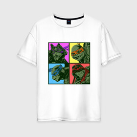 Женская футболка хлопок Oversize с принтом Retro Turtles в Новосибирске, 100% хлопок | свободный крой, круглый ворот, спущенный рукав, длина до линии бедер
 | donatello | leonardo | michelangelo | ninja | pizza | raphael | turtles | донателло | животные | карате | комикс | комиксы | леонардо | микеланджело | мультфильм | мутант | мутанты | ниндзя | пицца | рафаэль | сплинтер | супергерой