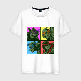 Мужская футболка хлопок с принтом Retro Turtles в Новосибирске, 100% хлопок | прямой крой, круглый вырез горловины, длина до линии бедер, слегка спущенное плечо. | donatello | leonardo | michelangelo | ninja | pizza | raphael | turtles | донателло | животные | карате | комикс | комиксы | леонардо | микеланджело | мультфильм | мутант | мутанты | ниндзя | пицца | рафаэль | сплинтер | супергерой