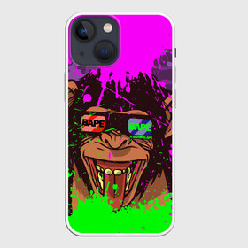 Чехол для iPhone 13 mini с принтом 3D Neon Monkey в Новосибирске,  |  | 3d очки | bapy | brand | chimp | cool paint | fashion | hype beast | japan | neon | paint | trend | анаглиф | байп | байпи | брызги красок | бэйп | бэйпи | камуфляж | купающаяся обезьяна | мода | неон | тренд | хайп бист | хайповый бренд | ш