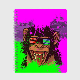 Тетрадь с принтом 3D Neon Monkey в Новосибирске, 100% бумага | 48 листов, плотность листов — 60 г/м2, плотность картонной обложки — 250 г/м2. Листы скреплены сбоку удобной пружинной спиралью. Уголки страниц и обложки скругленные. Цвет линий — светло-серый
 | 3d очки | bapy | brand | chimp | cool paint | fashion | hype beast | japan | neon | paint | trend | анаглиф | байп | байпи | брызги красок | бэйп | бэйпи | камуфляж | купающаяся обезьяна | мода | неон | тренд | хайп бист | хайповый бренд | ш