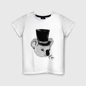 Детская футболка хлопок с принтом Коала Джентльмен в Цилиндре в Новосибирске, 100% хлопок | круглый вырез горловины, полуприлегающий силуэт, длина до линии бедер | art | bear | coala | gentleman | illustration | koala | top hap | австралия | арт | иллюстрация | медведь | рисунок | сумчатые | цилиндр | шляпа | эвкалипт