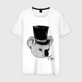 Мужская футболка хлопок с принтом Коала Джентльмен в Цилиндре в Новосибирске, 100% хлопок | прямой крой, круглый вырез горловины, длина до линии бедер, слегка спущенное плечо. | art | bear | coala | gentleman | illustration | koala | top hap | австралия | арт | иллюстрация | медведь | рисунок | сумчатые | цилиндр | шляпа | эвкалипт