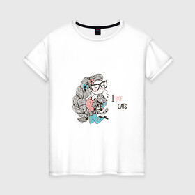 Женская футболка хлопок с принтом Милая Лола обнимается с котом в Новосибирске, 100% хлопок | прямой крой, круглый вырез горловины, длина до линии бедер, слегка спущенное плечо | девушка | коса | кот | лола | малышка | милашка | мультяшка | обнимашки | цветы