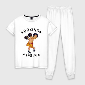 Женская пижама хлопок с принтом боксер в Новосибирске, 100% хлопок | брюки и футболка прямого кроя, без карманов, на брюках мягкая резинка на поясе и по низу штанин | box | boxing | боксер | боксерские перчатки | маленький боксер | малыш в перчатках | мальчик