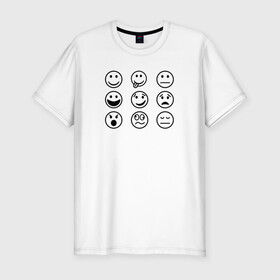 Мужская футболка хлопок Slim с принтом настроение  в Новосибирске, 92% хлопок, 8% лайкра | приталенный силуэт, круглый вырез ворота, длина до линии бедра, короткий рукав | cheerful | emoji | emotions | joyful | mood | sad | smiley | веселый | грустный | настроение | радостный | смайлик | эмоции