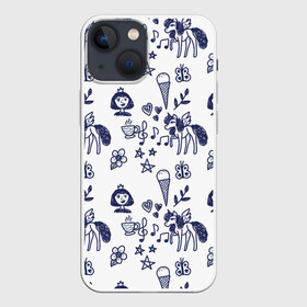 Чехол для iPhone 13 mini с принтом Девчачий дудл в Новосибирске,  |  | doodle | бабочка | белый | девочка | дудл | дудлы | единорог | звезда | звёзды | корона | листья | лошадка | мороженое | ноты | пегас | пони | сердечко | сердца | сердце | синий | сладость | цветок