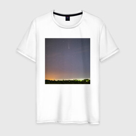Мужская футболка хлопок с принтом Комета на фоне ночного неба в Новосибирске, 100% хлопок | прямой крой, круглый вырез горловины, длина до линии бедер, слегка спущенное плечо. | астрономия | звезды | комета | ночь | пейзаж