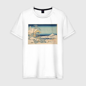 Мужская футболка хлопок с принтом Снежное утро на реке Коисикава в Новосибирске, 100% хлопок | прямой крой, круглый вырез горловины, длина до линии бедер, слегка спущенное плечо. | кацусики хокусай | тридцать шесть видов фудзи | фудзи | япония | японская графика