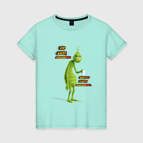 Женская футболка хлопок с принтом Гринч в Новосибирске, 100% хлопок | прямой крой, круглый вырез горловины, длина до линии бедер, слегка спущенное плечо | гринч | грустный | зеленый | кофе | кружка | мультфильм | утро