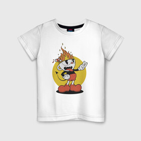 Детская футболка хлопок с принтом Cuphead в Новосибирске, 100% хлопок | круглый вырез горловины, полуприлегающий силуэт, длина до линии бедер | cartoon | cuphead | fire | game | illustration | mugman
