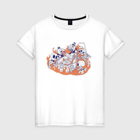 Женская футболка хлопок с принтом Cuphead в Новосибирске, 100% хлопок | прямой крой, круглый вырез горловины, длина до линии бедер, слегка спущенное плечо | cartoon | cuphead | fire | game | illustration | mugman | skeleton