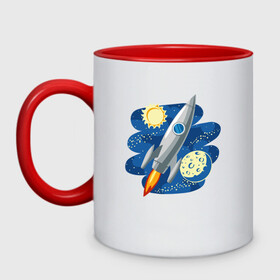 Кружка двухцветная с принтом Ракета в Новосибирске, керамика | объем — 330 мл, диаметр — 80 мм. Цветная ручка и кайма сверху, в некоторых цветах — вся внутренняя часть | moon | rocket | space | stars | sun | астроном | астрономия | в космосе | гагарин | день космонавтики | звезды | космическая | космический | космонавт | космонавтика | космос | космос наш | луна | небо | полёт