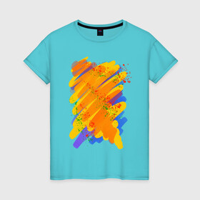 Женская футболка хлопок с принтом Яркость красок в Новосибирске, 100% хлопок | прямой крой, круглый вырез горловины, длина до линии бедер, слегка спущенное плечо | art | orange | print | брызги | краски | принт | пятна | творчество | яркость