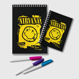 Блокнот с принтом Nirvana 1987 в Новосибирске, 100% бумага | 48 листов, плотность листов — 60 г/м2, плотность картонной обложки — 250 г/м2. Листы скреплены удобной пружинной спиралью. Цвет линий — светло-серый
 | Тематика изображения на принте: album | curt | kobain | logo | music | nevermind | nirvana | rock | smells like | smile | teen spirit | альбом | гитара | курт кобейн | логотип | музыка | невермайнд | нирвана | рок | смайл | стикер