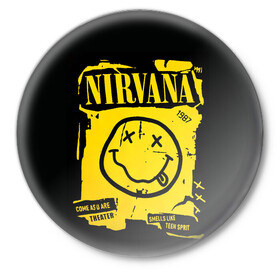 Значок с принтом Nirvana 1987 в Новосибирске,  металл | круглая форма, металлическая застежка в виде булавки | album | curt | kobain | logo | music | nevermind | nirvana | rock | smells like | smile | teen spirit | альбом | гитара | курт кобейн | логотип | музыка | невермайнд | нирвана | рок | смайл | стикер