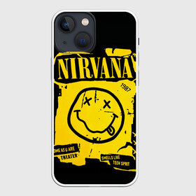 Чехол для iPhone 13 mini с принтом Nirvana 1987 в Новосибирске,  |  | Тематика изображения на принте: album | curt | kobain | logo | music | nevermind | nirvana | rock | smells like | smile | teen spirit | альбом | гитара | курт кобейн | логотип | музыка | невермайнд | нирвана | рок | смайл | стикер