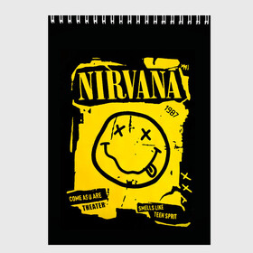 Скетчбук с принтом Nirvana 1987 в Новосибирске, 100% бумага
 | 48 листов, плотность листов — 100 г/м2, плотность картонной обложки — 250 г/м2. Листы скреплены сверху удобной пружинной спиралью | Тематика изображения на принте: album | curt | kobain | logo | music | nevermind | nirvana | rock | smells like | smile | teen spirit | альбом | гитара | курт кобейн | логотип | музыка | невермайнд | нирвана | рок | смайл | стикер