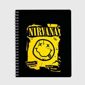 Тетрадь с принтом Nirvana 1987 в Новосибирске, 100% бумага | 48 листов, плотность листов — 60 г/м2, плотность картонной обложки — 250 г/м2. Листы скреплены сбоку удобной пружинной спиралью. Уголки страниц и обложки скругленные. Цвет линий — светло-серый
 | Тематика изображения на принте: album | curt | kobain | logo | music | nevermind | nirvana | rock | smells like | smile | teen spirit | альбом | гитара | курт кобейн | логотип | музыка | невермайнд | нирвана | рок | смайл | стикер