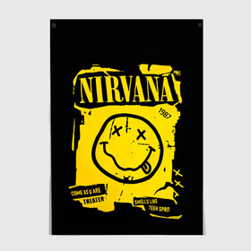 Постер с принтом Nirvana 1987 в Новосибирске, 100% бумага
 | бумага, плотность 150 мг. Матовая, но за счет высокого коэффициента гладкости имеет небольшой блеск и дает на свету блики, но в отличии от глянцевой бумаги не покрыта лаком | album | curt | kobain | logo | music | nevermind | nirvana | rock | smells like | smile | teen spirit | альбом | гитара | курт кобейн | логотип | музыка | невермайнд | нирвана | рок | смайл | стикер