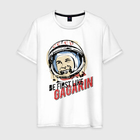 Мужская футболка хлопок с принтом Быть первым как Юрий Гагарин в Новосибирске, 100% хлопок | прямой крой, круглый вырез горловины, длина до линии бедер, слегка спущенное плечо. | Тематика изображения на принте: астронавт | восток1 | гагарин | земля | космонавт | космос | планеты | юрий