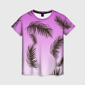 Женская футболка 3D с принтом Тропический Закат в Новосибирске, 100% полиэфир ( синтетическое хлопкоподобное полотно) | прямой крой, круглый вырез горловины, длина до линии бедер | tropics | горизонт | закат | лето | листья | листья пальмы | пальма | пляжная | рассвет | тропики