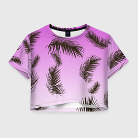 Женская футболка Crop-top 3D с принтом Тропический Закат в Новосибирске, 100% полиэстер | круглая горловина, длина футболки до линии талии, рукава с отворотами | tropics | горизонт | закат | лето | листья | листья пальмы | пальма | пляжная | рассвет | тропики