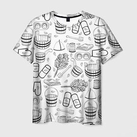 Мужская футболка 3D с принтом Банный фон в Новосибирске, 100% полиэфир | прямой крой, круглый вырез горловины, длина до линии бедер | баня | ведро | веник | вода | массаж | мыться | отдых | парилка | париться | паттерн | принт | с легким паром | сауна | узор | фон | хамам | черно белый | чистота