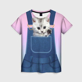 Женская футболка 3D с принтом Котенок в кармане в Новосибирске, 100% полиэфир ( синтетическое хлопкоподобное полотно) | прямой крой, круглый вырез горловины, длина до линии бедер | Тематика изображения на принте: в кармане | в кармашке | животные | комбинезон | кот | котенок | котик | кошка