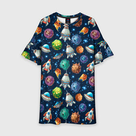 Детское платье 3D с принтом Мультяшные планеты в Новосибирске, 100% полиэстер | прямой силуэт, чуть расширенный к низу. Круглая горловина, на рукавах — воланы | Тематика изображения на принте: space | арт | звезды | корабли | космос | планеты | ракеты | созвездия